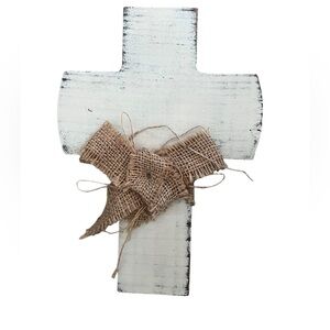 Rustic White Cross with Burlap Bow Distressed